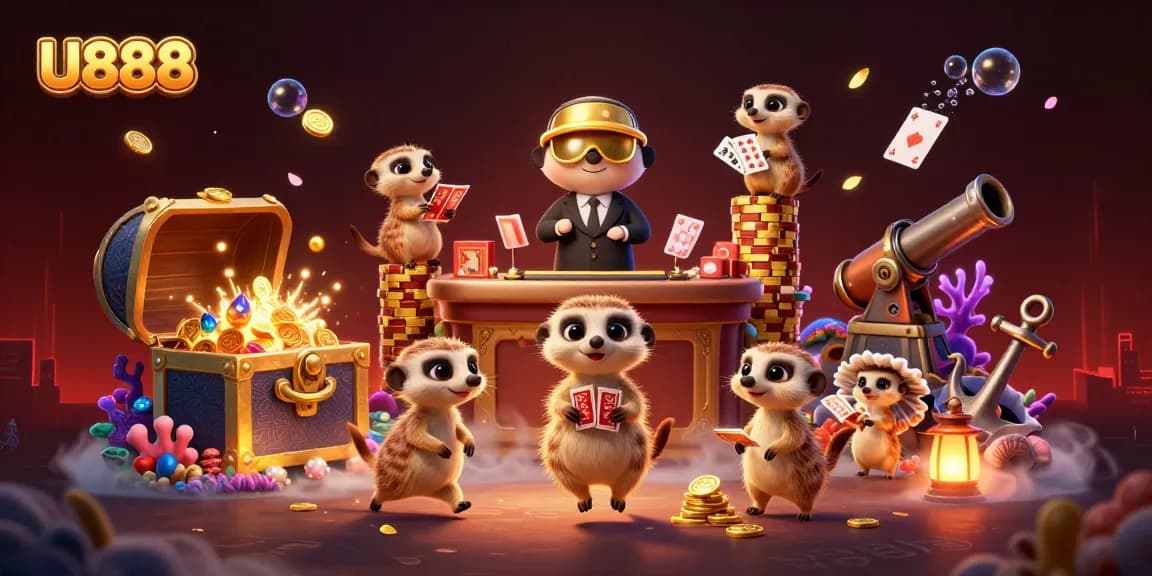 U888 casino meerkats managing games, chips flying around in a vibrant, colorful scene.