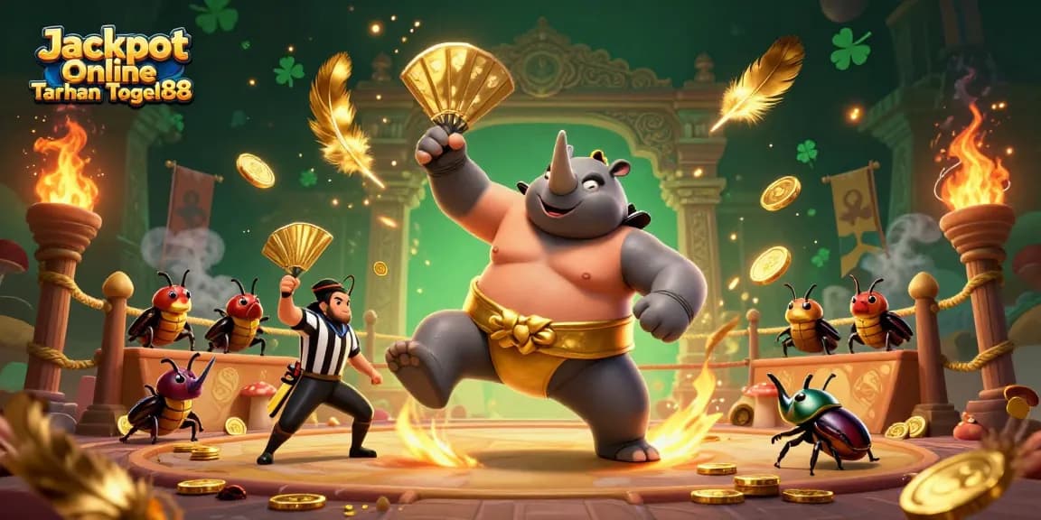 Jackpot Online Taruhan Togel88 showcases a vibrant gambling atmosphere with beetle champions amidst flying coins and dynamic gaming elements.