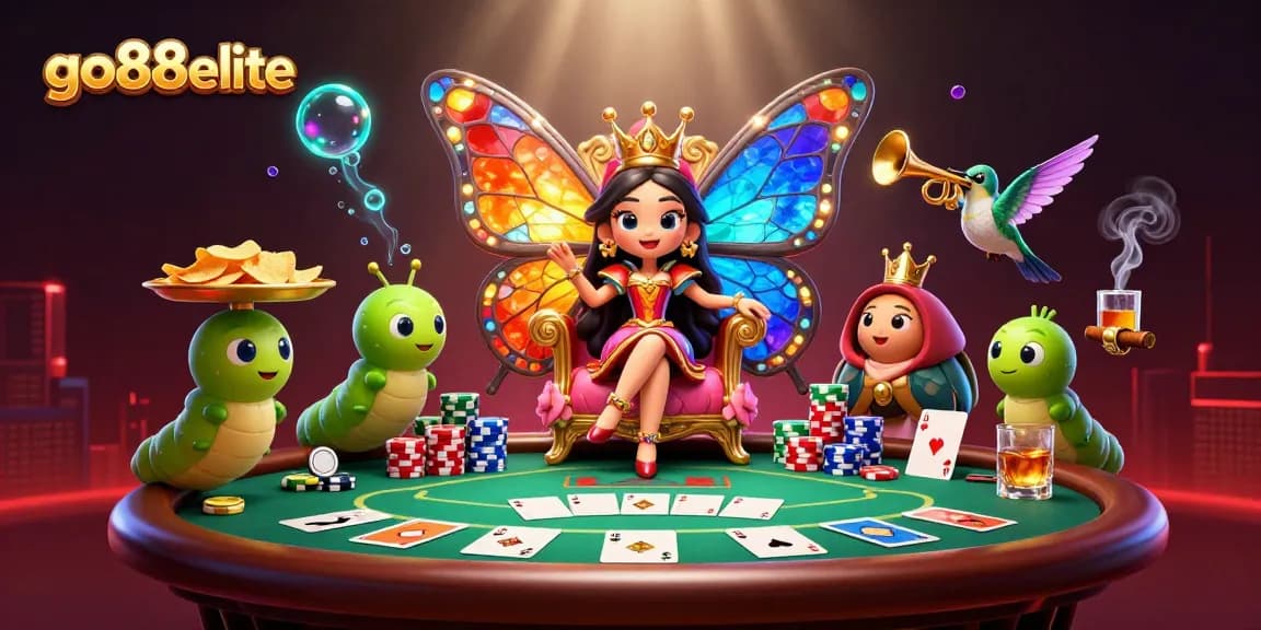 Engage in poker action at go88elite with a vibrant butterfly queen surrounded by colorful chips.