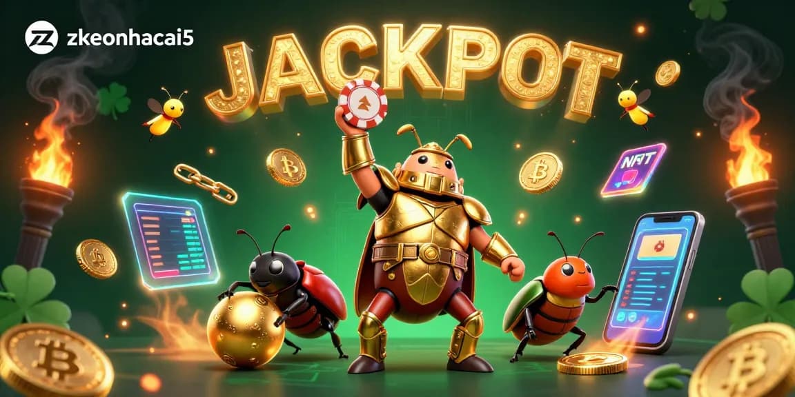 Win big with zkeonhacai5 as a cartoon beetle celebrates victory amidst crypto coins and jackpot lights.
