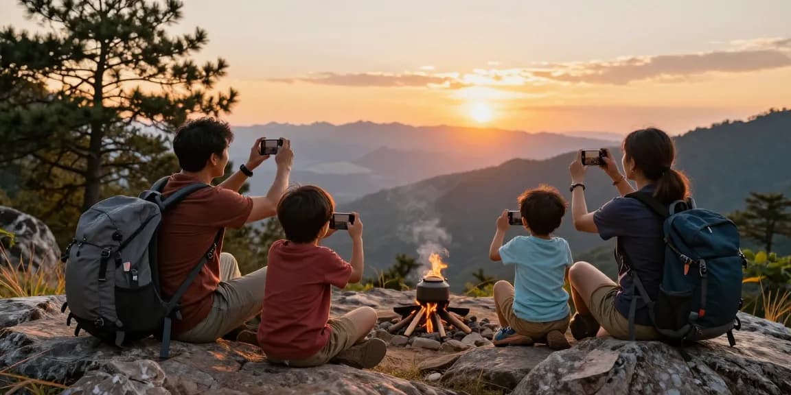 Family enjoying a sunset at a scenic mountain viewpoint, highlighting the mantra88 login for adventure seekers.
