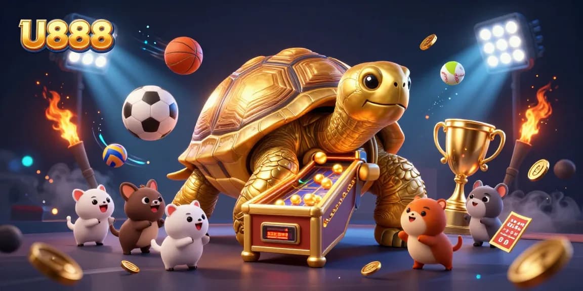 U888 offers an exciting gaming experience featuring dynamic sports elements and a golden tortoise in a playful scene.