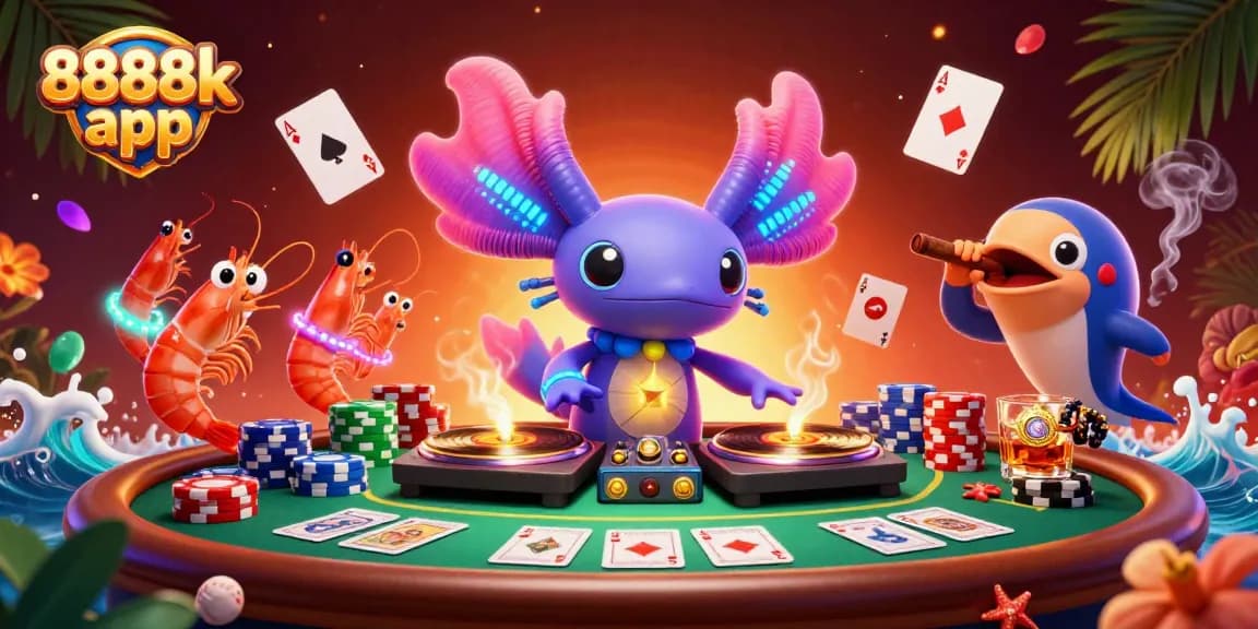 Engage with the 8888k app, featuring vivid 3D characters and casino elements in a colorful party scene.