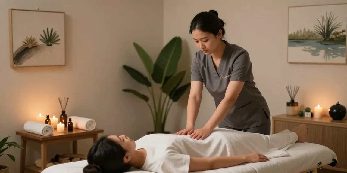 마사지 테라피 룸에서 편안한 분위기에서 시술되고 있는 모습