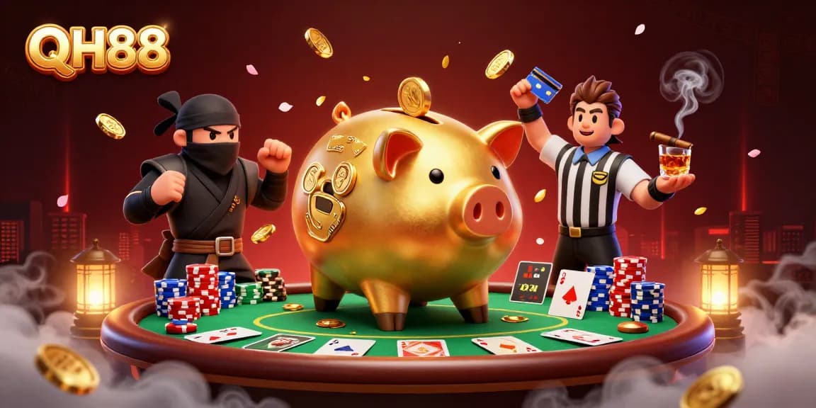 Experience exhilarating gaming action with QH88's vibrant casino illustration depicting dynamic characters and energetic gameplay.