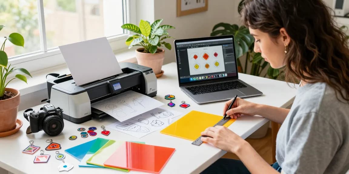 Custom acrylic diamond keychains being designed in a vibrant home workspace.