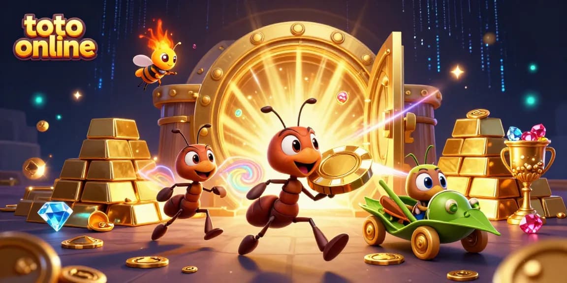 Menggandakan pengalaman toto online dengan tim semut 3D dalam aksi mencuri chip poker emas raksasa.