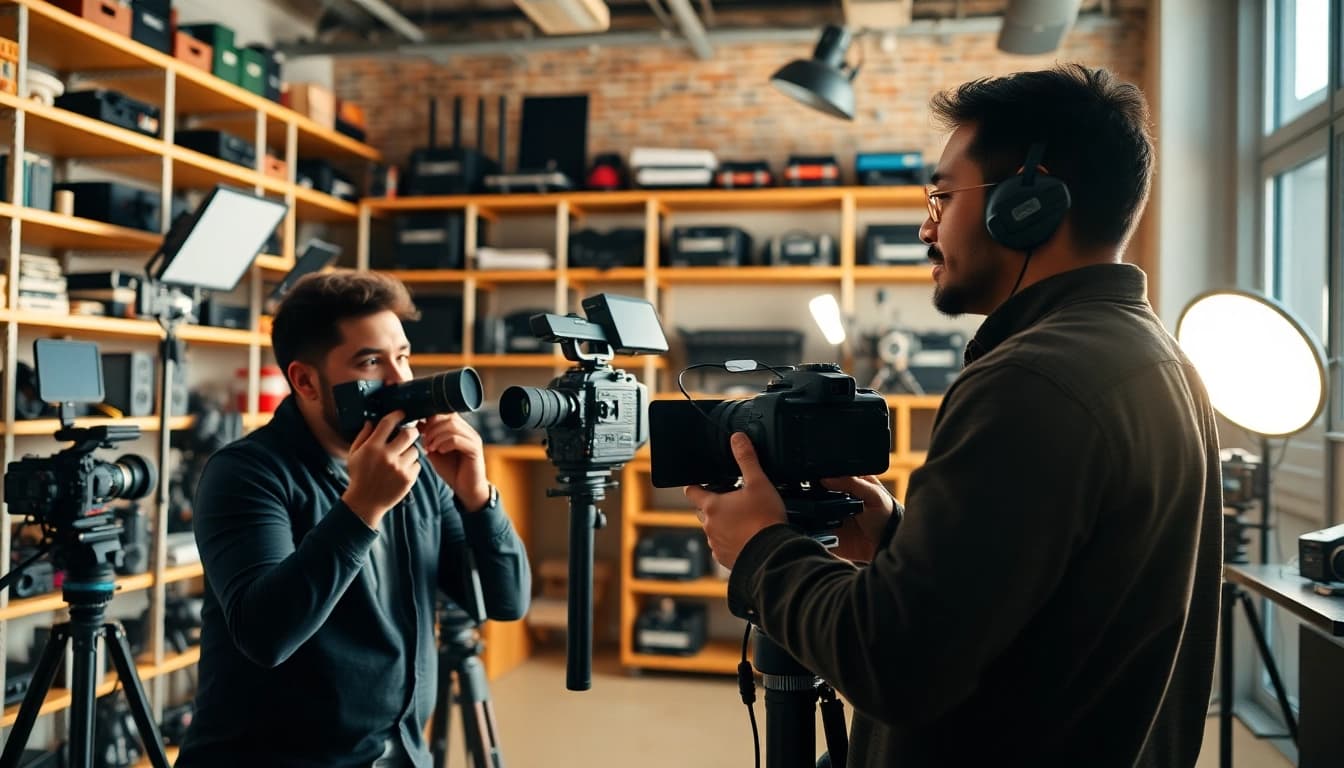 Filmmakers collaborating in a studio, showcasing edmonton production companies' dynamic creativity.