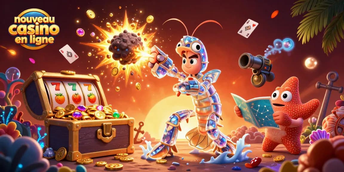 Illustration animée d'un nouveau casino en ligne avec des personnages de jeux et des éléments de trésor