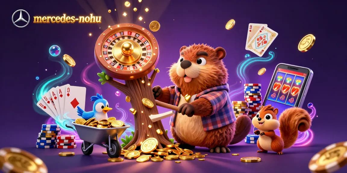Join the excitement at mercedes-nohu with cartoon characters surrounded by coins and casino elements.