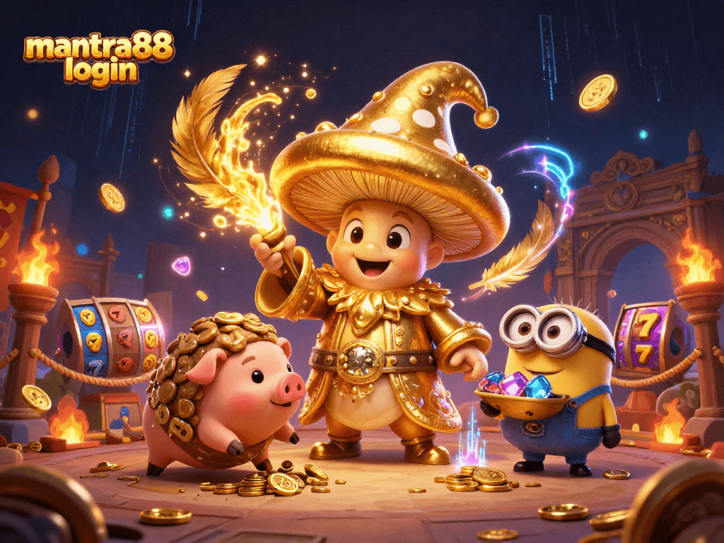 Play at mantra88 login with an exciting magical scene featuring a golden mushroom wizard and treasures.