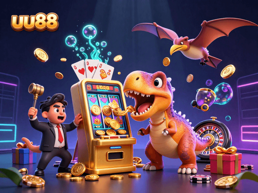 uu88's pachycephalosaurus celebrates a jackpot in a vibrant casino scene with coins flying everywhere.