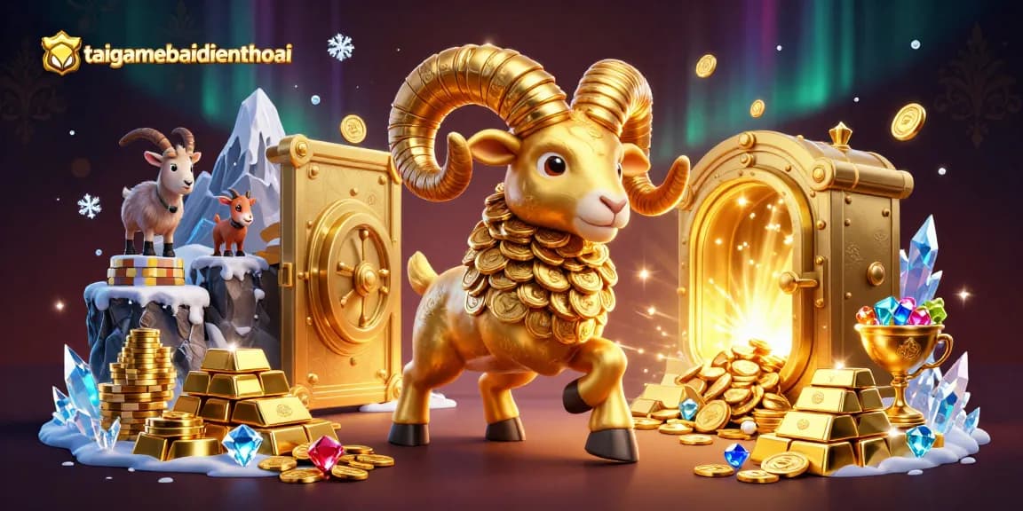 Experience wins at taigamebaidienthoai with a rich 3D illustration featuring a golden ram and treasure.