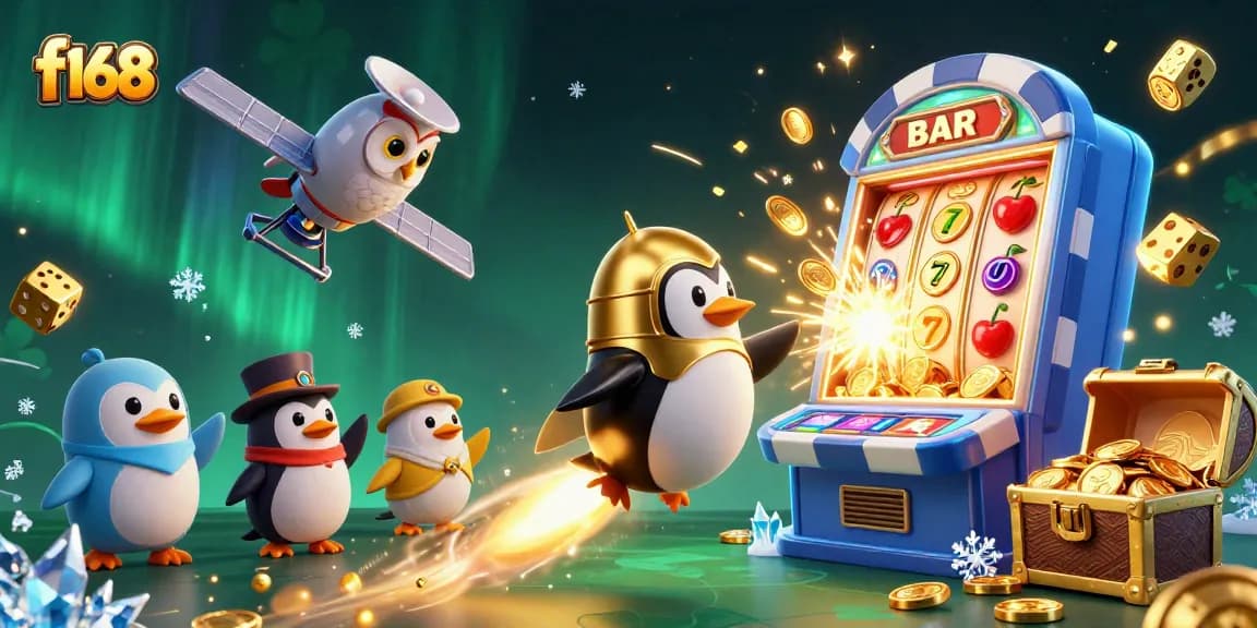 Enjoy the excitement at f168 with a golden penguin rocket blasting through a cosmic casino adventure!
