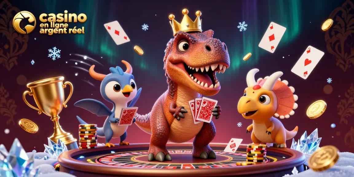 Une illustration 3D de casino en ligne argent réel avec un T-Rex et un assistant, dans un décor ludique.