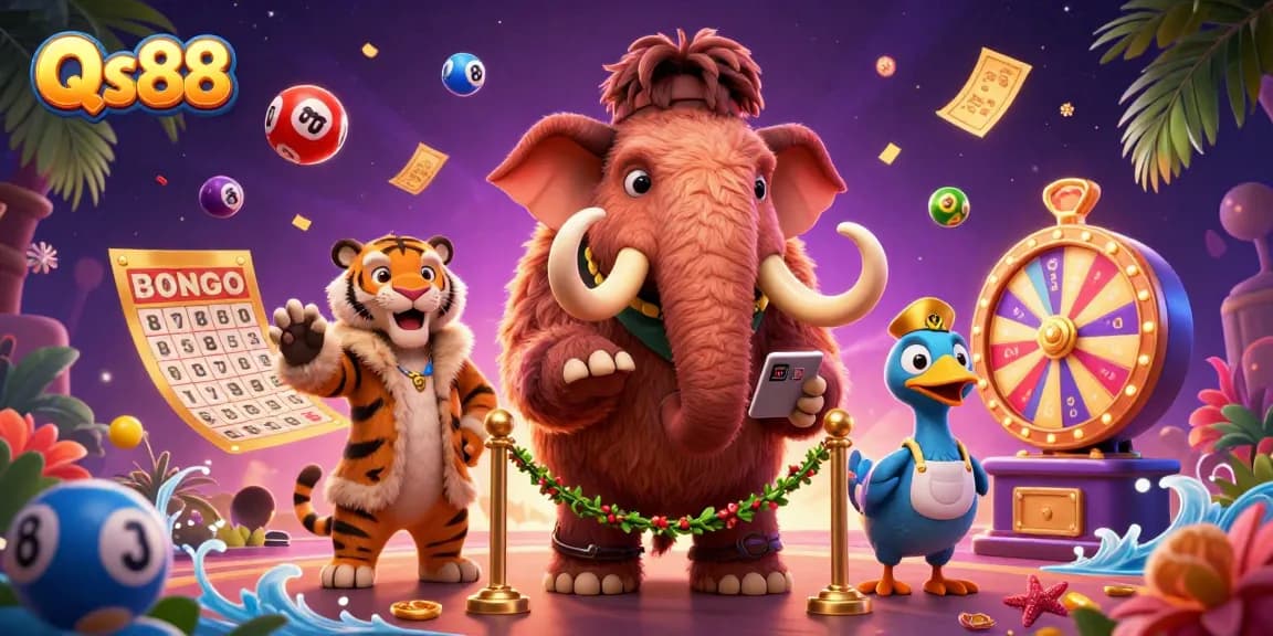 Experience excitement at Qs88 with a colorful casino scene featuring unique characters and dynamic gaming elements.