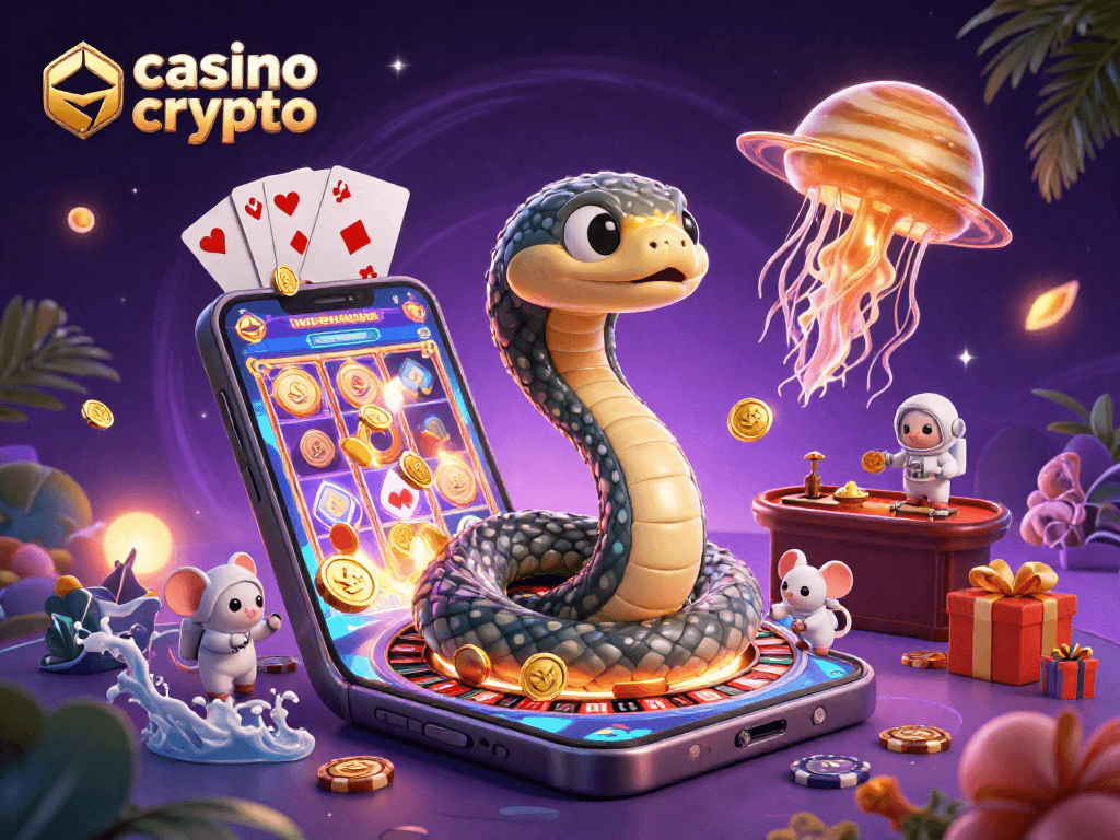 Le casino crypto prend vie avec un serpent cosmique, des astronautes et une méduse dorée, offrant une scène de jeu dynamique et colorée.