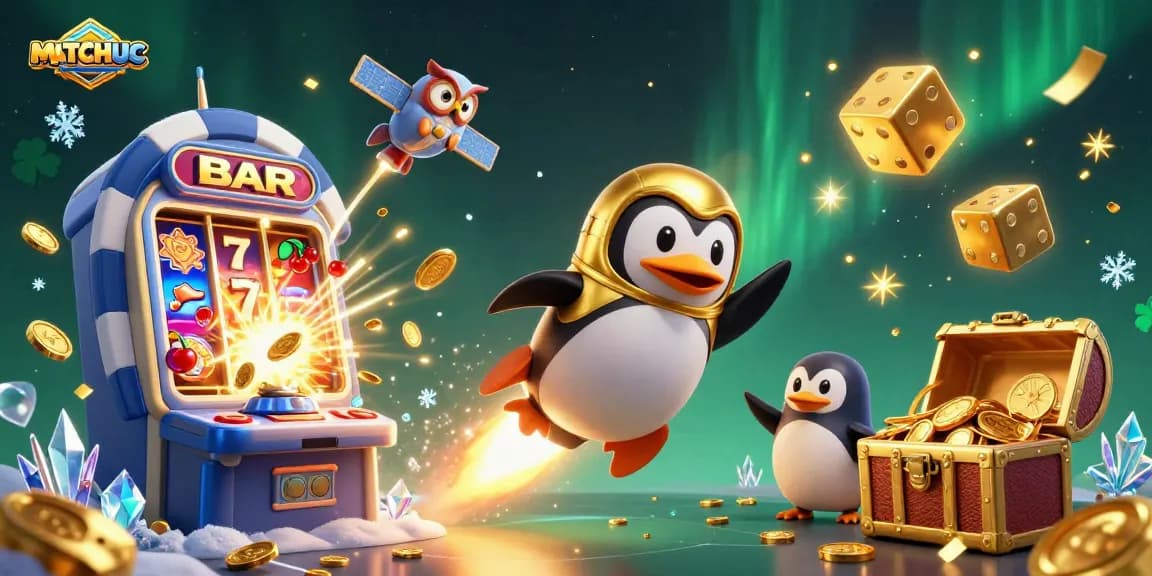 Experience thrilling action with matchuoc in a vibrant 3D casino scene filled with coins and games.