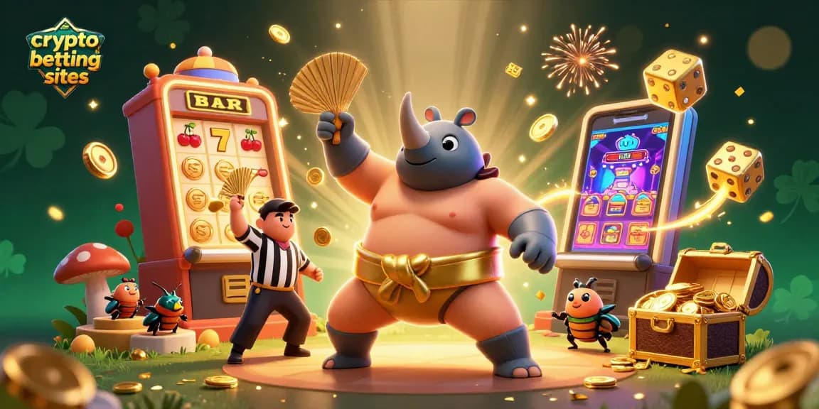 Pariez sur les meilleurs sites de paris crypto en découvrant un sumo rhinocéros en pleine action avec des pièces d'or volantes.