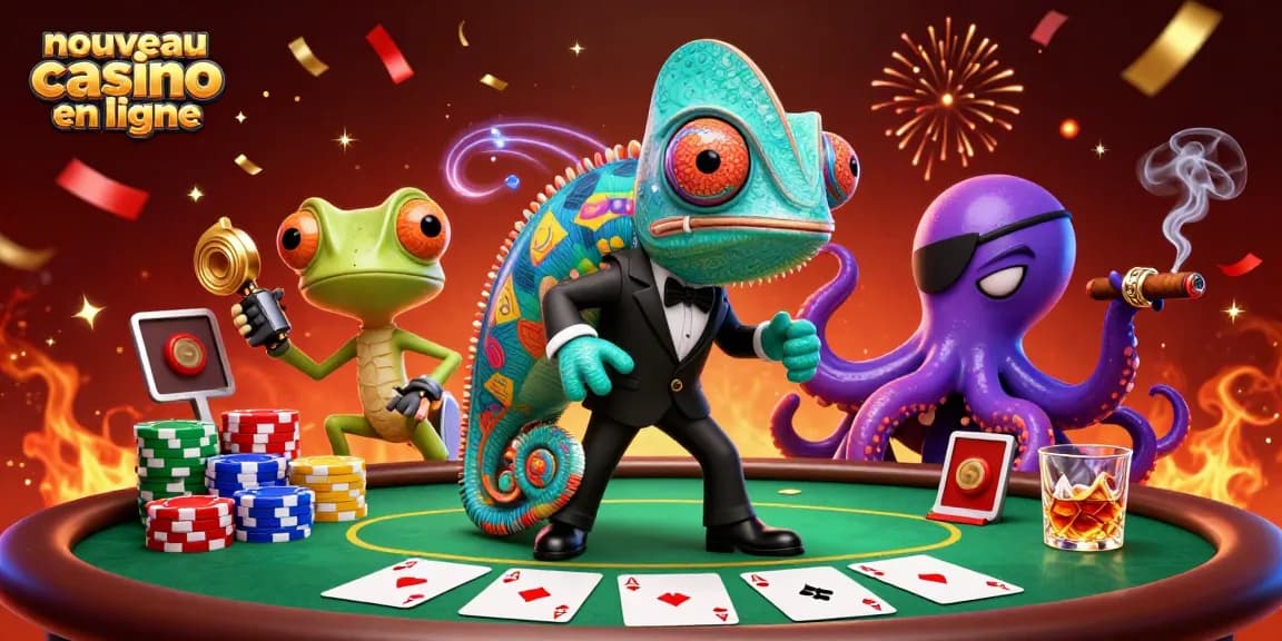 Découvrez une illustration dynamique dédiée au nouveau casino en ligne, mettant en scène un caméléon agent secret, un gecko techno et un poulpe villain.