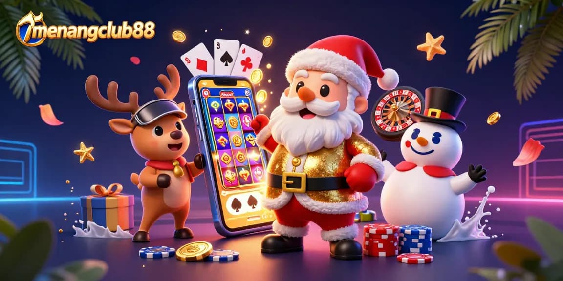 Experience the excitement of menangclub88 with Santa, a reindeer dealer, and a poker chip snowman!