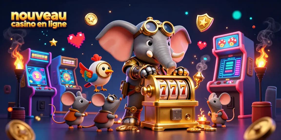 Illustration d'un nouveau casino en ligne, mettant en scène un éléphant steampunk jouant sur une machine à sous dorée.