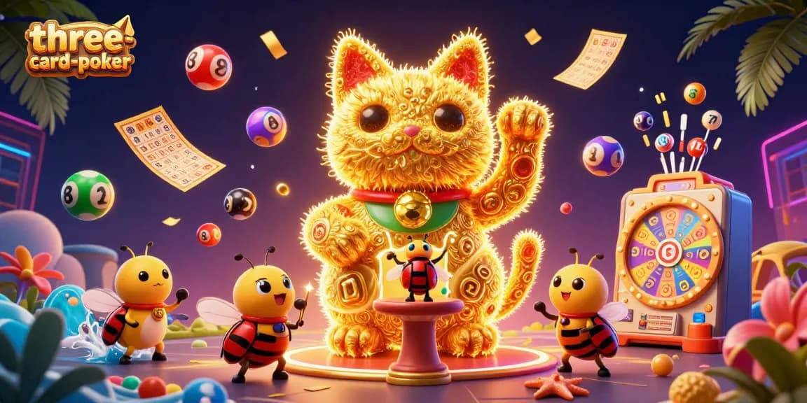 Engage with three-card-poker excitement as golden fireflies and a lucky cat sparkle in a vibrant casino scene.