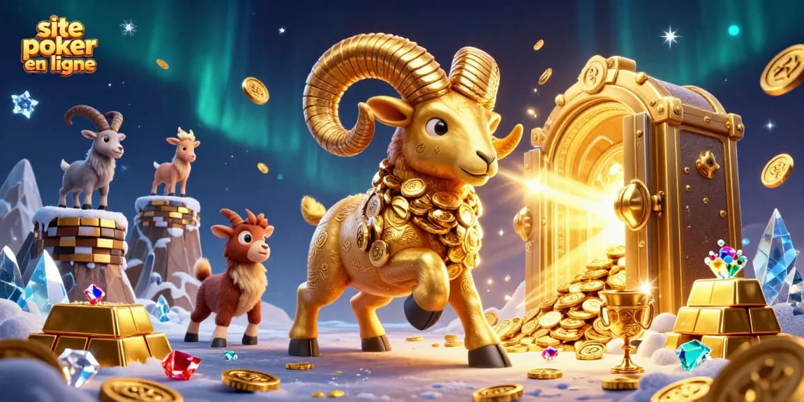 Les jeux au site poker en ligne offrent des trésors riches, avec un bélier d'or et des jetons scintillants.