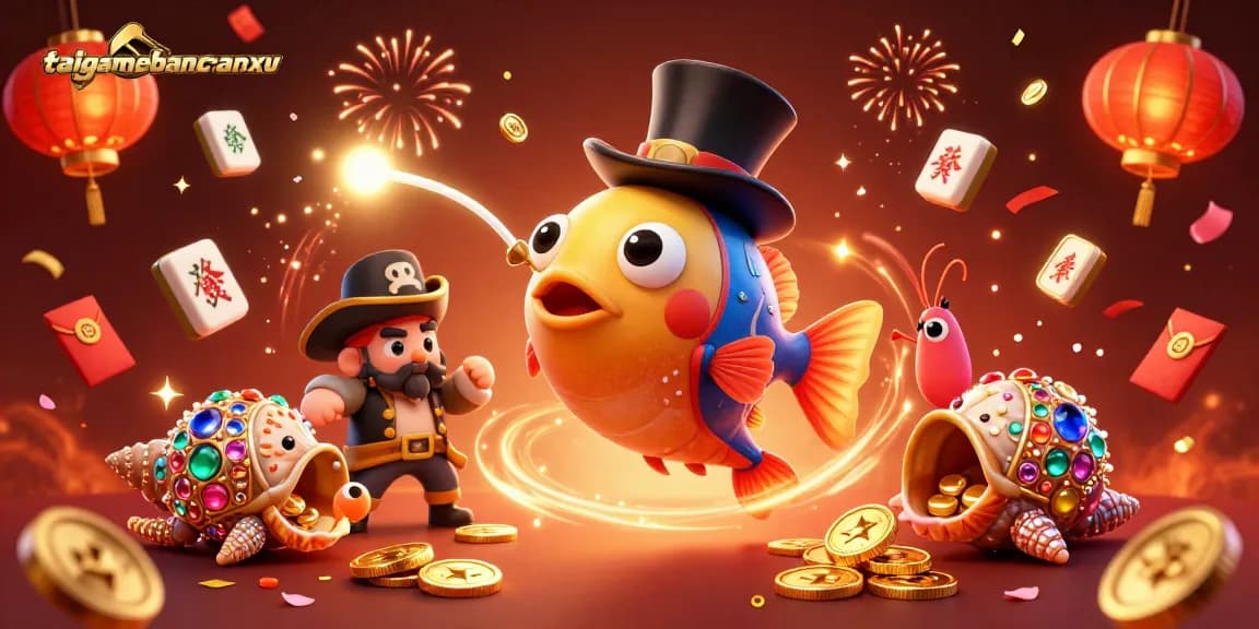 Engage with taigamebancaanxu as a cartoon anglerfish lures golden coins in a vibrant casino scene.