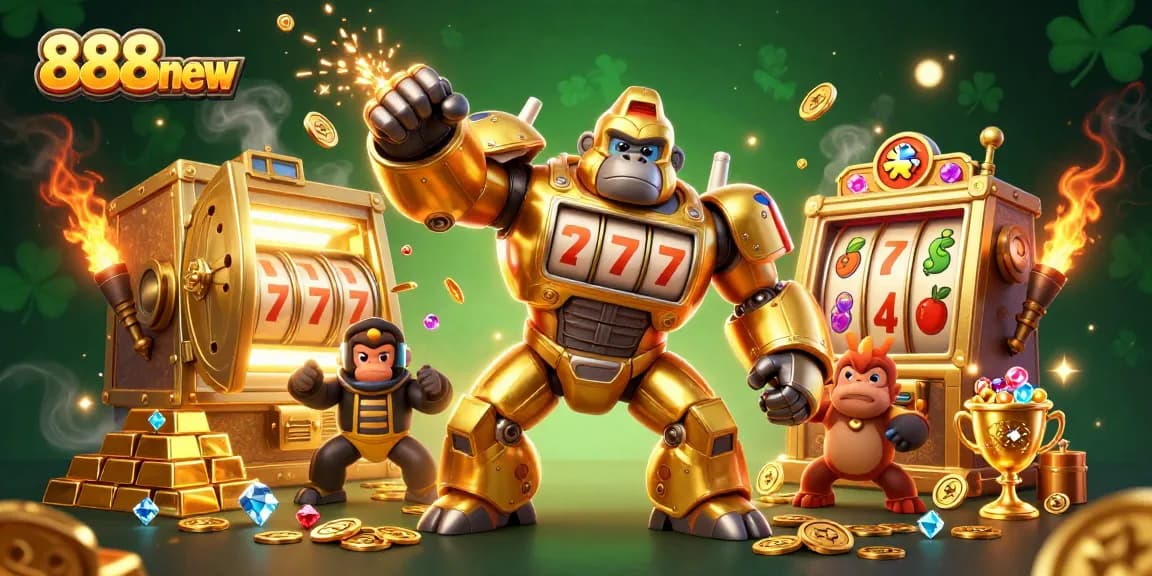 Experience thrilling wins at 888new with a dynamic 3D illustration of a golden gorilla mech amidst slot machine glory.