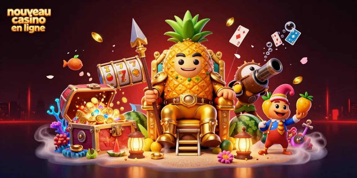 Visualisez un nouveau casino en ligne captivant avec le roi ananas et ses gardes, entouré d'éléments de jeu.