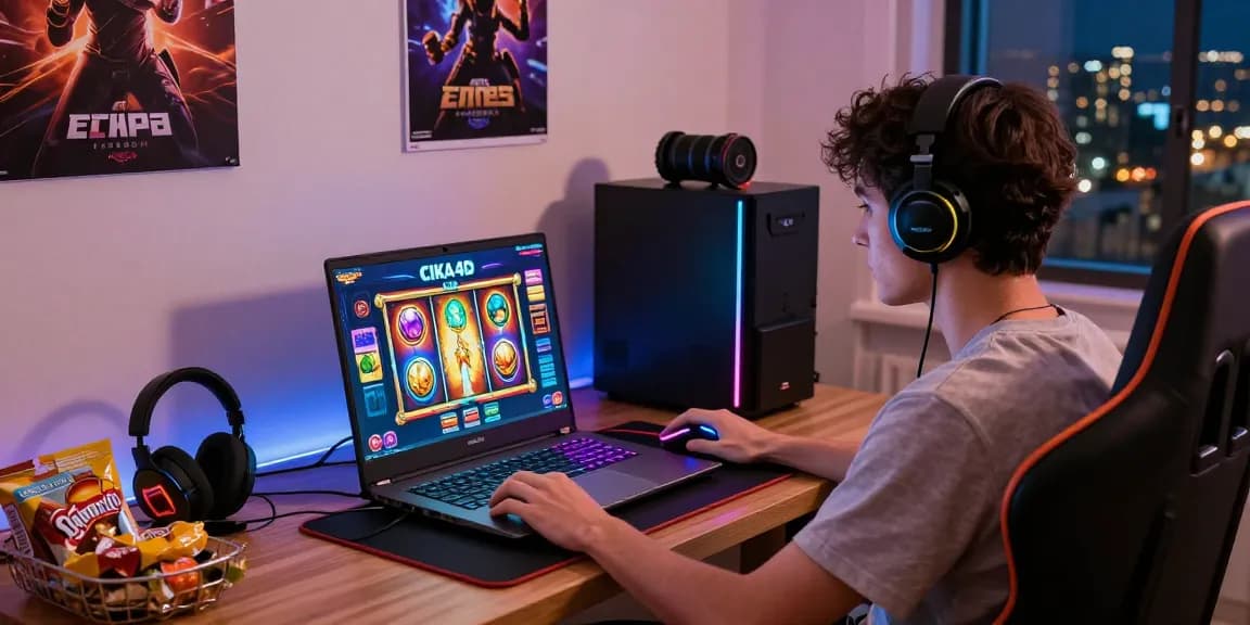 Enjoying CIKA4D digital slot games on a laptop with vibrant gaming setup.