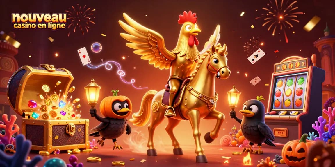 Illustration captivante représentant un nouveau casino en ligne avec un coq doré et une ambiance festive.