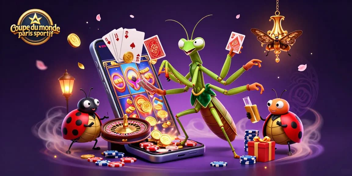 Le plateau de paris sportifs pour la coupe du monde avec un caméléon joueur de cartes, une ambiance dynamique de casino.