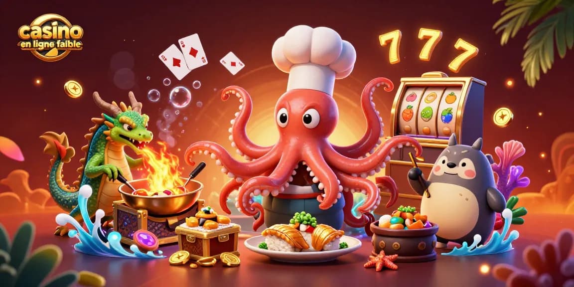 Plongez dans l'univers captivant du casino en ligne fiable avec une illustration dynamique d'un chef octopus, un dragon vert et un client tanuki.