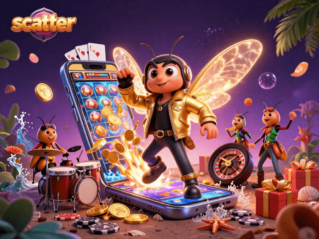 Experience the thrill of scatter wins with a vibrant casino scene featuring a cicada rock star and slot games.