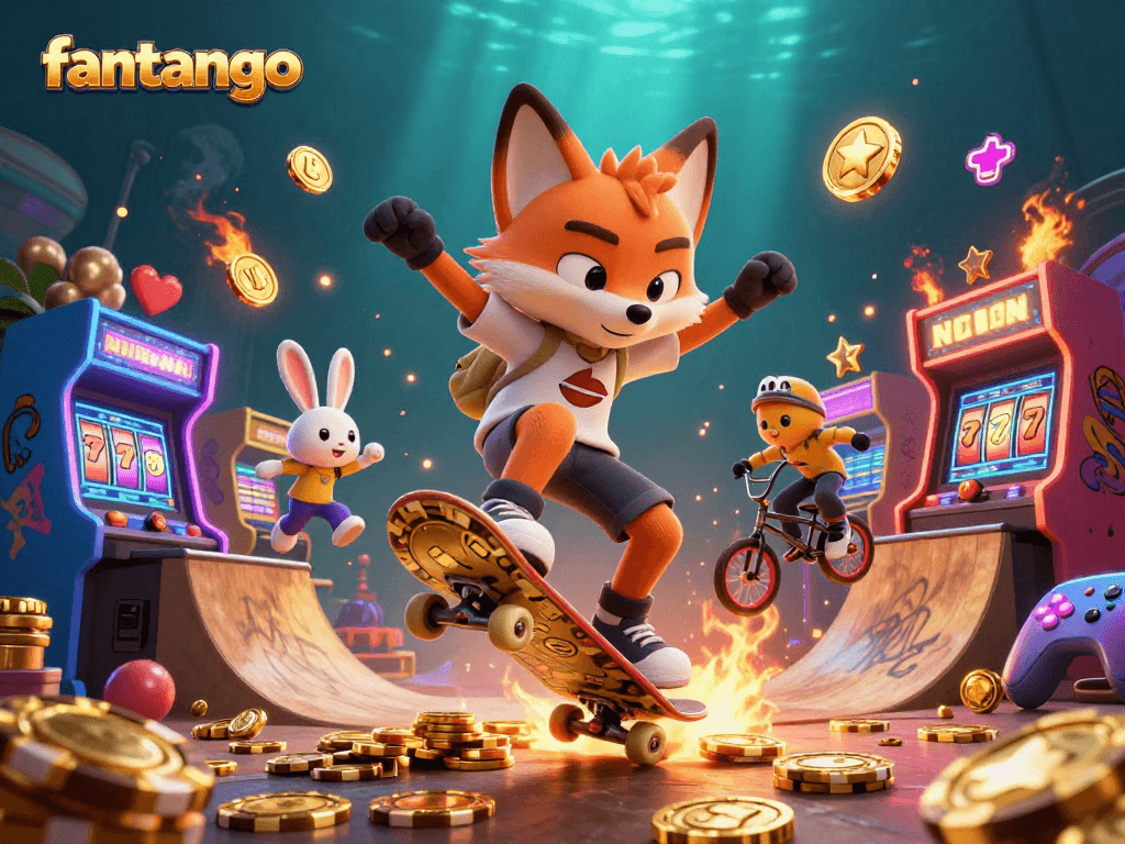 Engage in fantango action as a skateboarder fox performs tricks over golden poker chips in a lively casino scene.