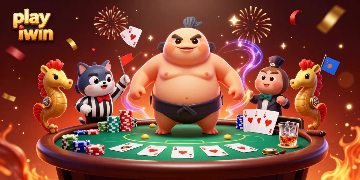 Play iwin as a vibrant 3D underwater casino illustration featuring playful characters and rich gaming elements.