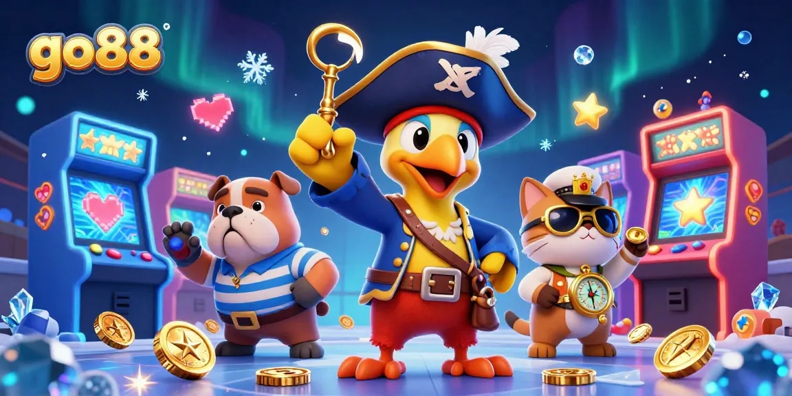 Play exciting games at go88 with a vibrant casino scene featuring a pirate captain and playful companions.