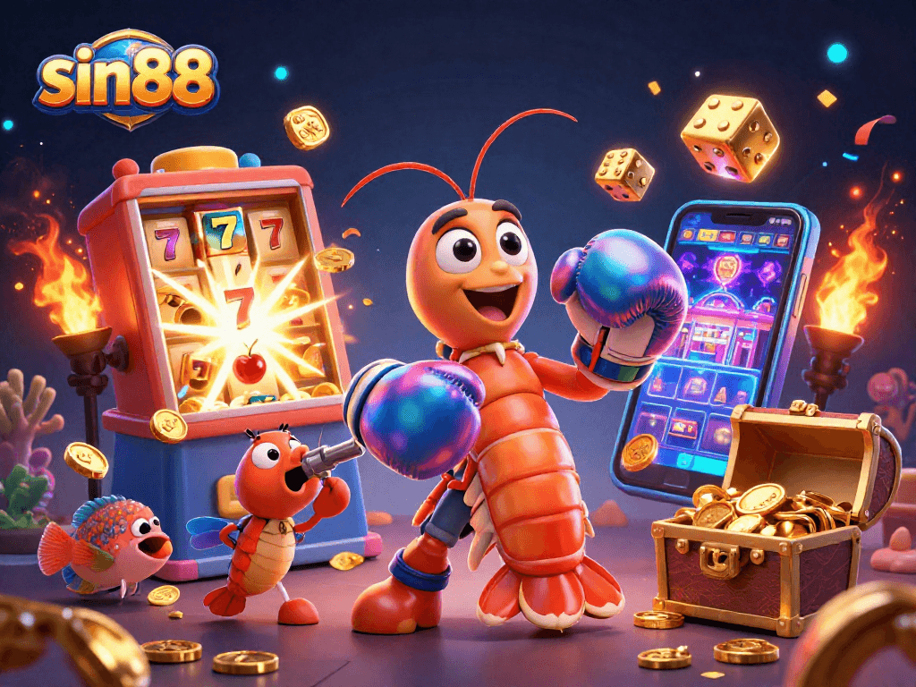 Experience thrilling jackpots with sin88, featuring vibrant slot machines and adventurous sea creature mascots.
