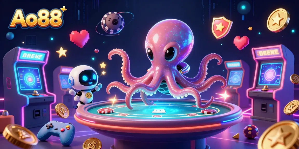Experience Ao88's thrilling casino vibes with vibrant alien characters at a holographic poker table.