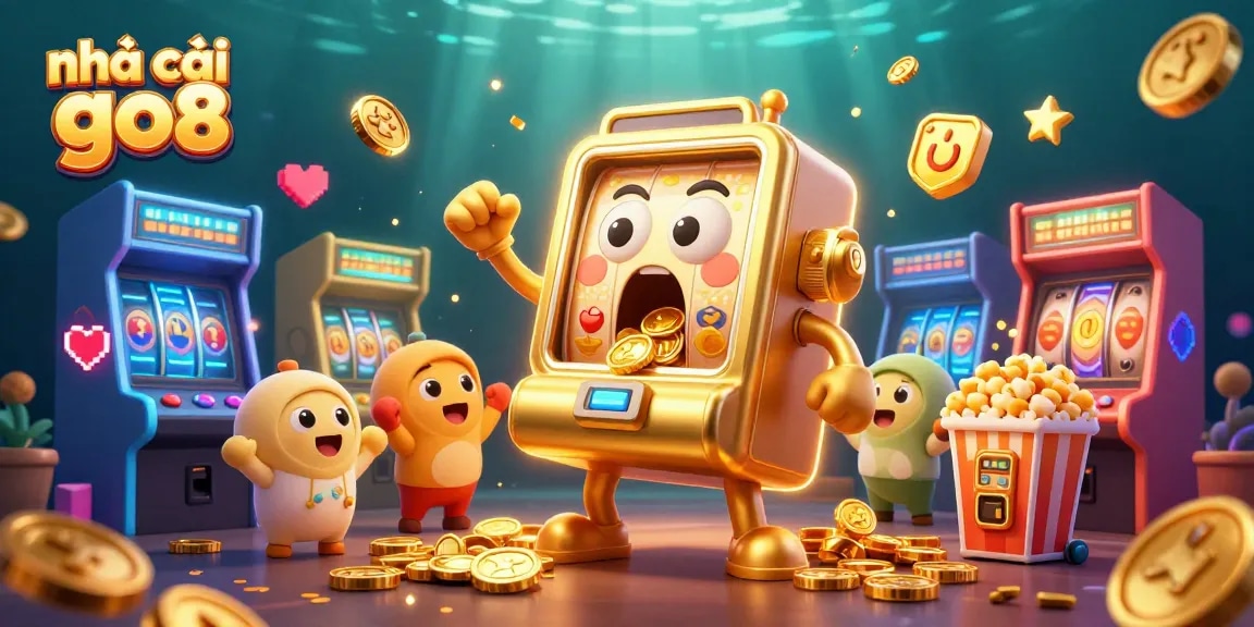 Experience the excitement at nhà cái go8 with a lively 3D gaming scene featuring animated slot machines celebrating a jackpot.