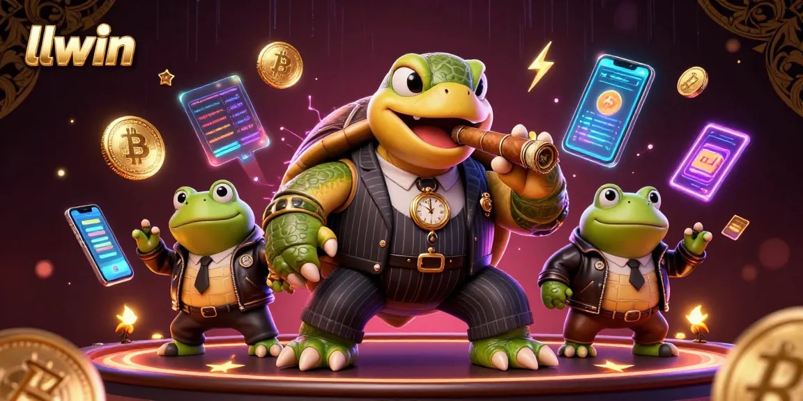 Engage with llwin in a vibrant casino scene featuring a stylish turtle and enforcers.