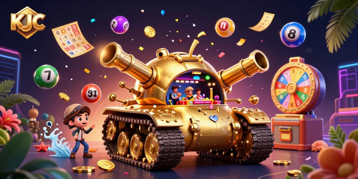 KJC interactive casino scene showcasing vibrant lottery balls and golden gaming elements for players.