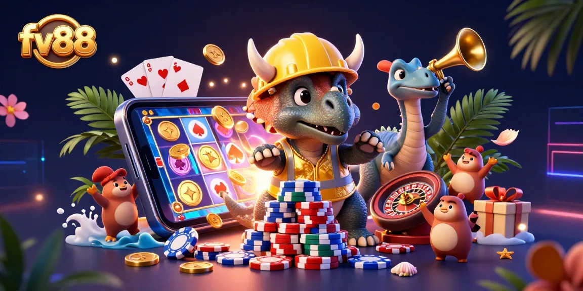 Experience exhilarating gameplay with fv88's vibrant casino scene featuring engaging characters.