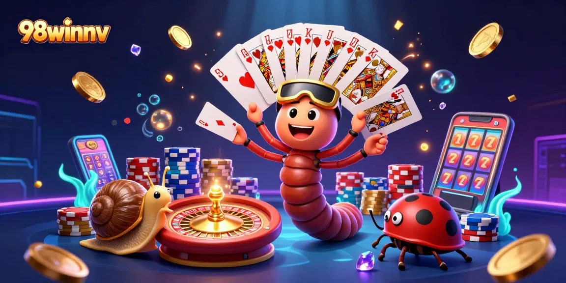 Experience excitement with 98winnv's dynamic casino scene featuring animated characters and vibrant game elements.