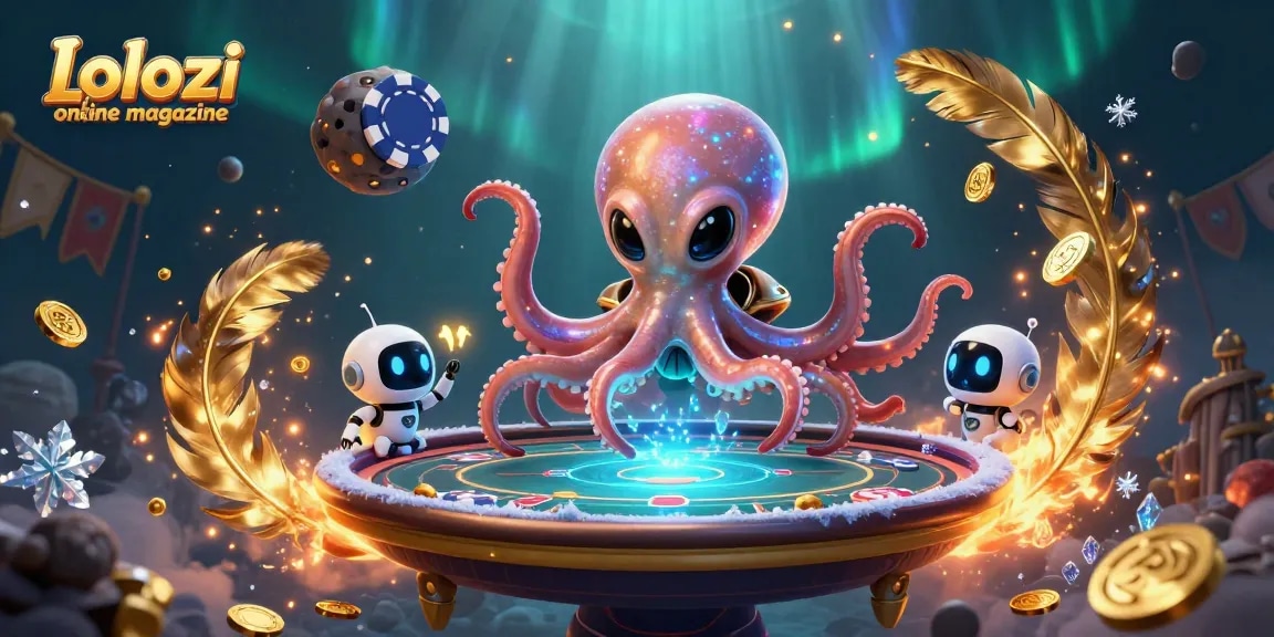 Lolozi online magazine invites players to engage with a vibrant poker experience featuring a cosmic octopus and robot.