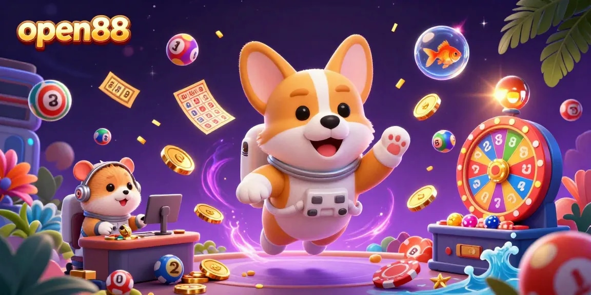 Engage with open88 excitement through a dynamic space casino scene featuring animated characters and vibrant gaming elements.