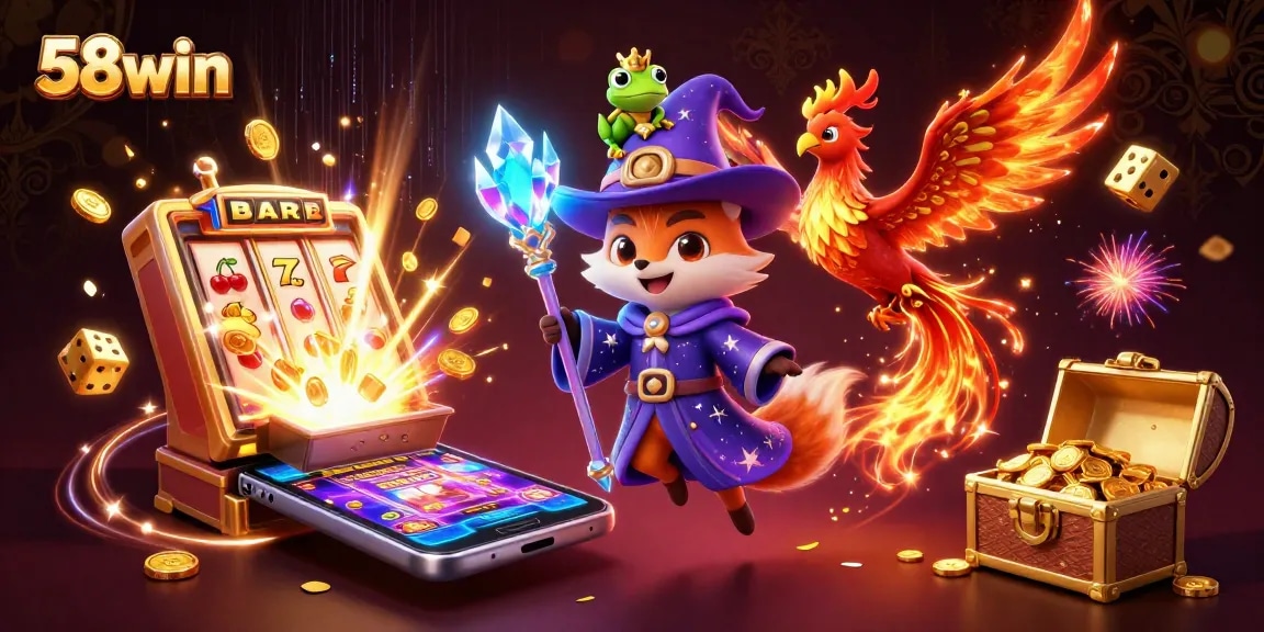 Experience 58win's thrilling slots with a dynamic casino scene featuring whimsical characters and vibrant elements.