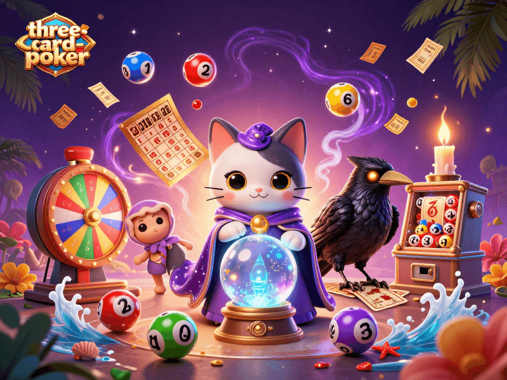 Win big with three-card-poker in an enchanting casino scene featuring dynamic characters and elements.